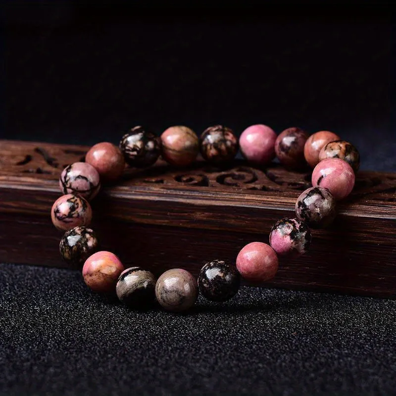 Black Line Rhodochrosite Round Bead Bracelet for Men | Black & Nude