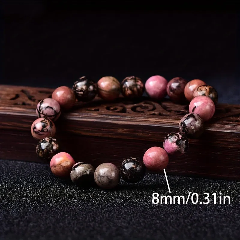 Black Line Rhodochrosite Round Bead Bracelet for Men | Black & Nude