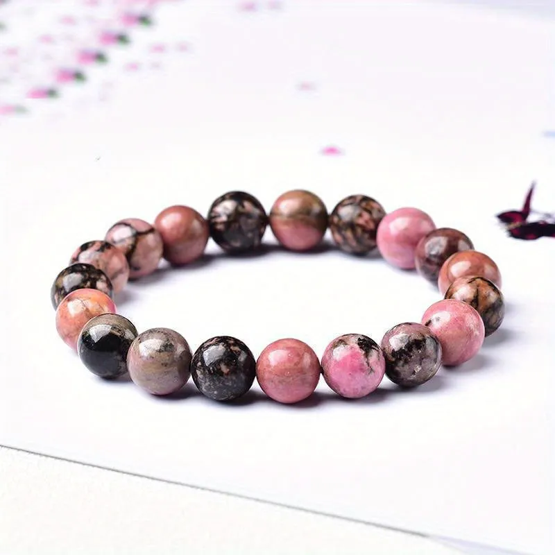 Black Line Rhodochrosite Round Bead Bracelet for Men | Black & Nude