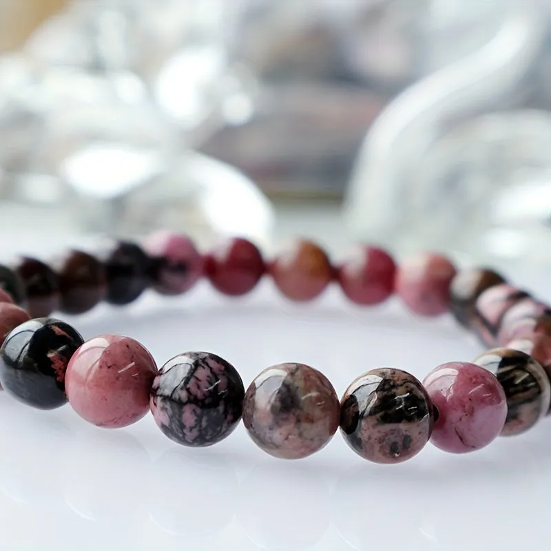 Black Line Rhodochrosite Round Bead Bracelet for Men | Black & Nude