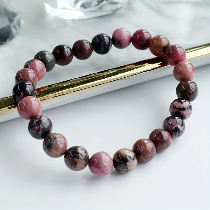 Black Line Rhodochrosite Round Bead Bracelet for Men | Black & Nude