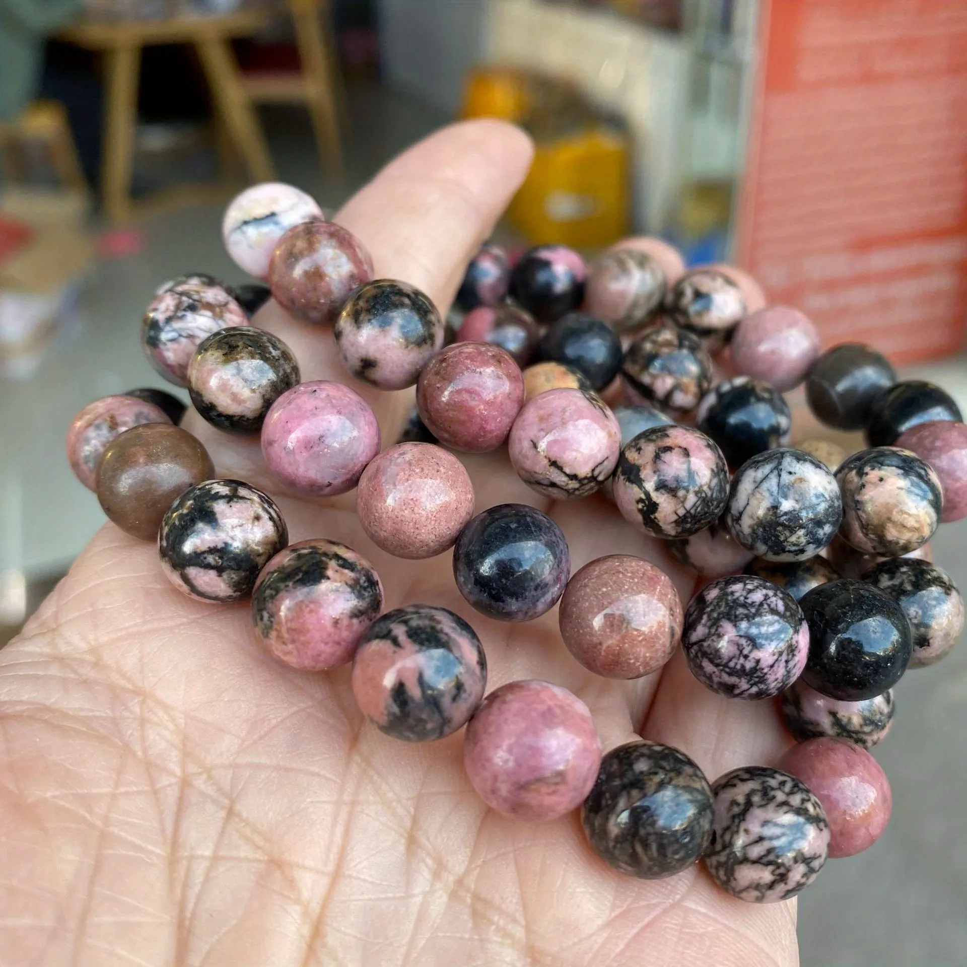 Black Line Rhodochrosite Round Bead Bracelet for Men | Black & Nude