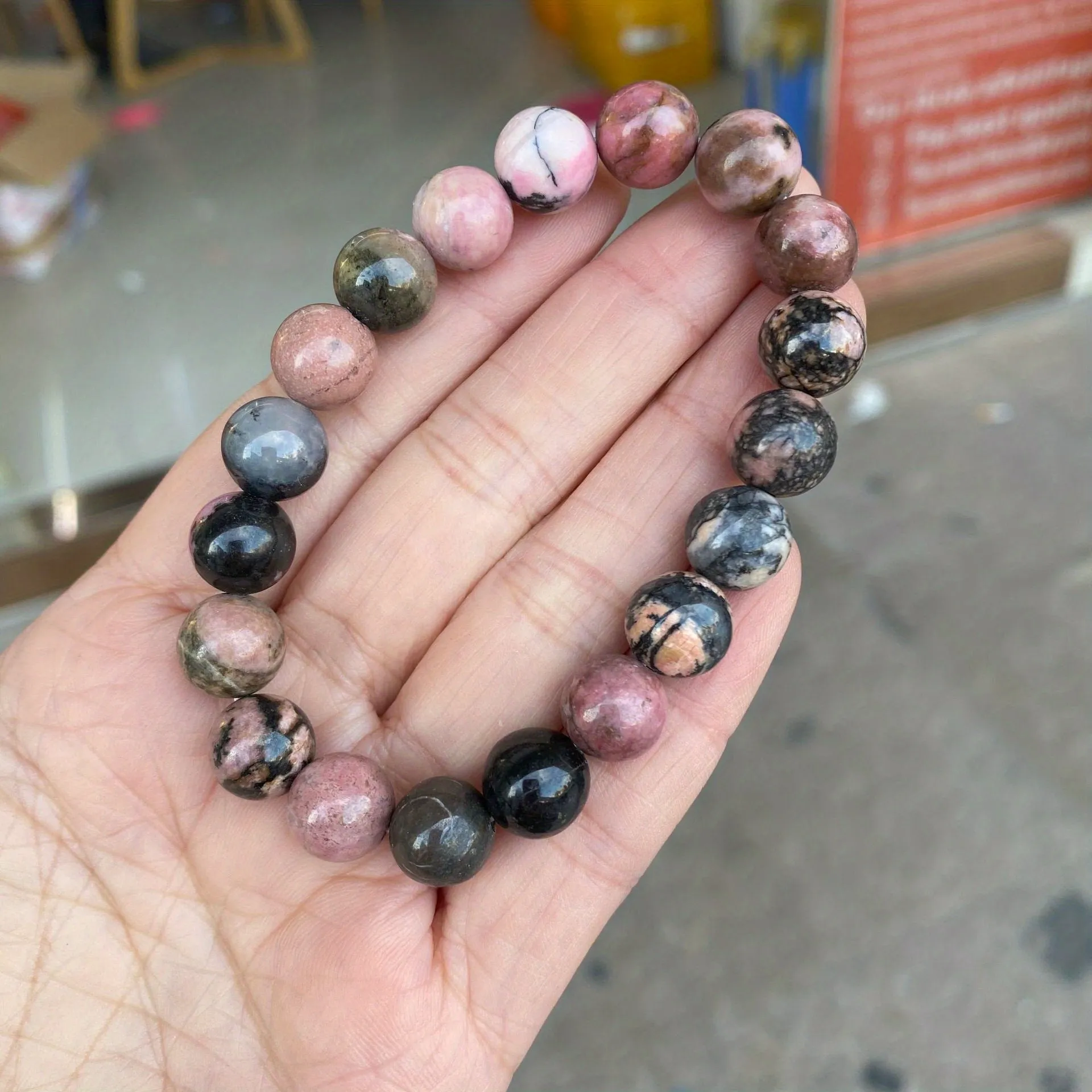 Black Line Rhodochrosite Round Bead Bracelet for Men | Black & Nude