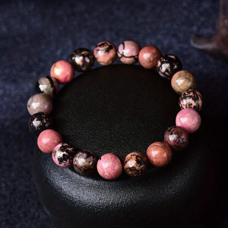 Black Line Rhodochrosite Round Bead Bracelet for Men | Black & Nude