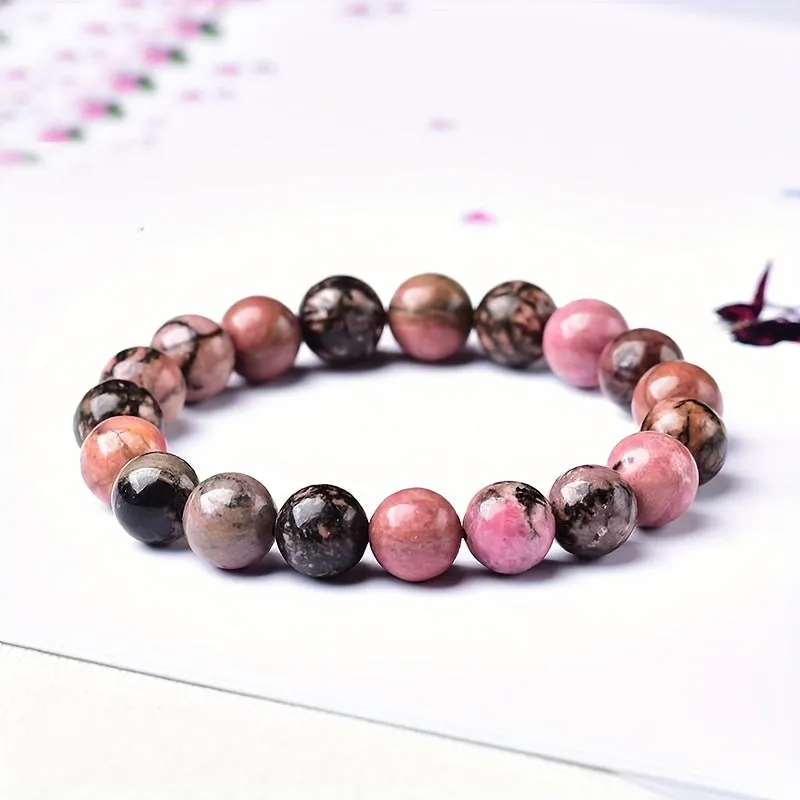 Black Line Rhodochrosite Round Bead Bracelet for Men | Black & Nude