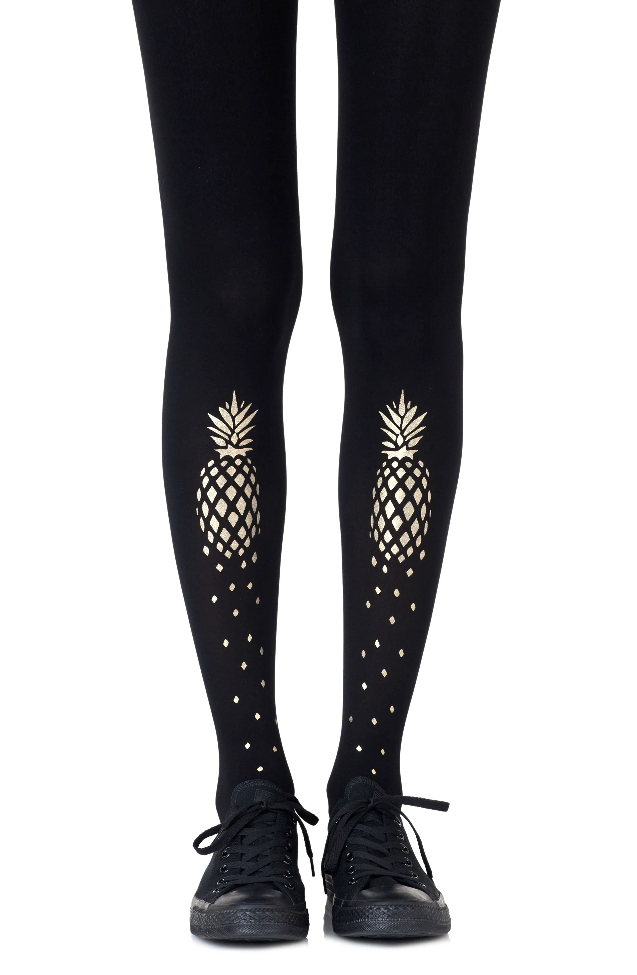 Gorgeous Metallic Gold Pineapple Prints 120 Denier Opaque Black Tights