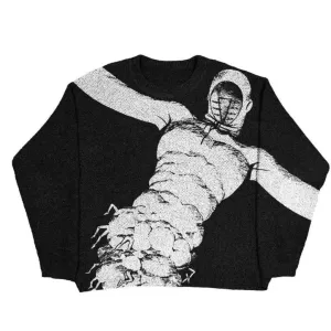 Knitted Abstract Portrait Printed Pullover Sweater