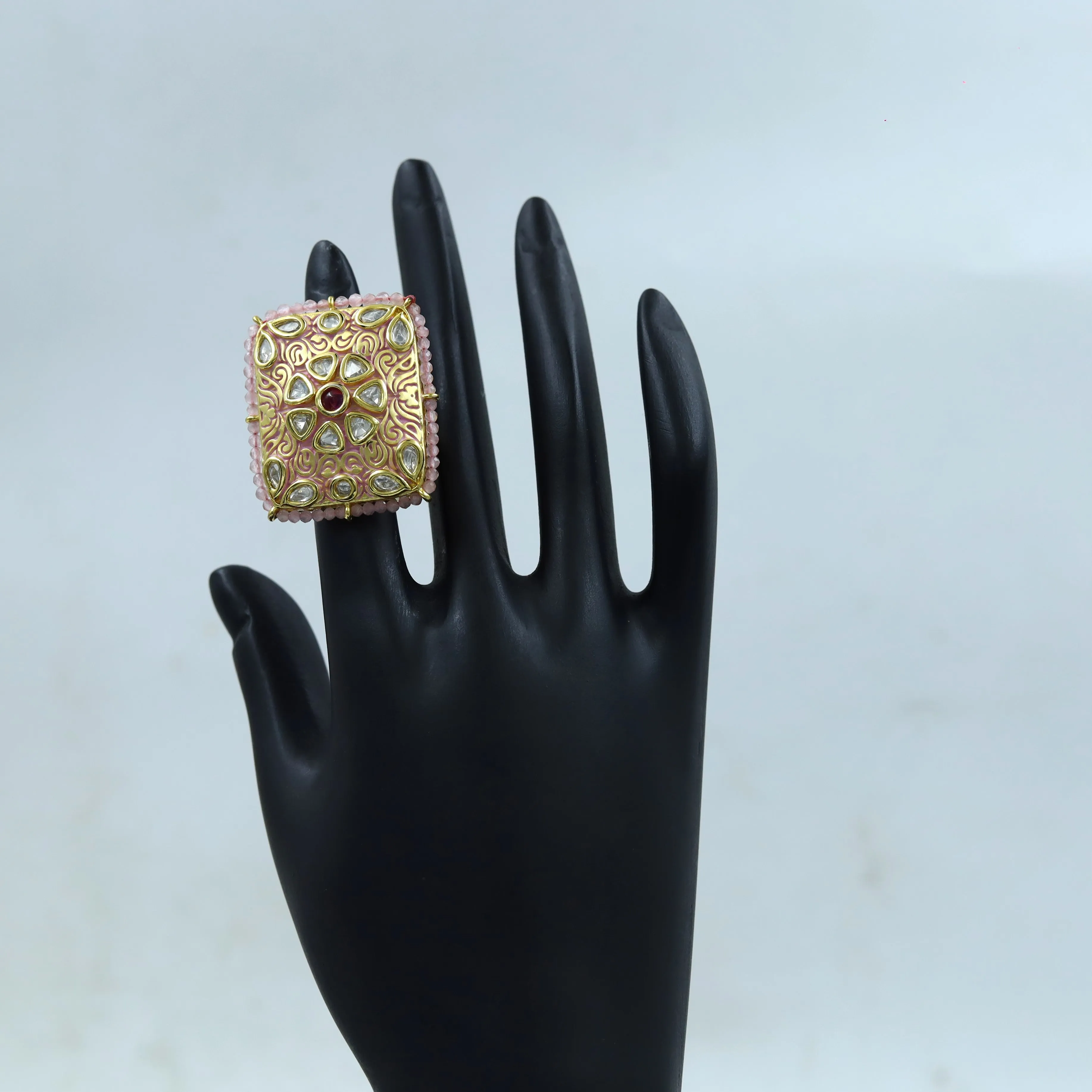 Kundan Meenakari Cocktail Adjustable Pink Ring  10784-6553