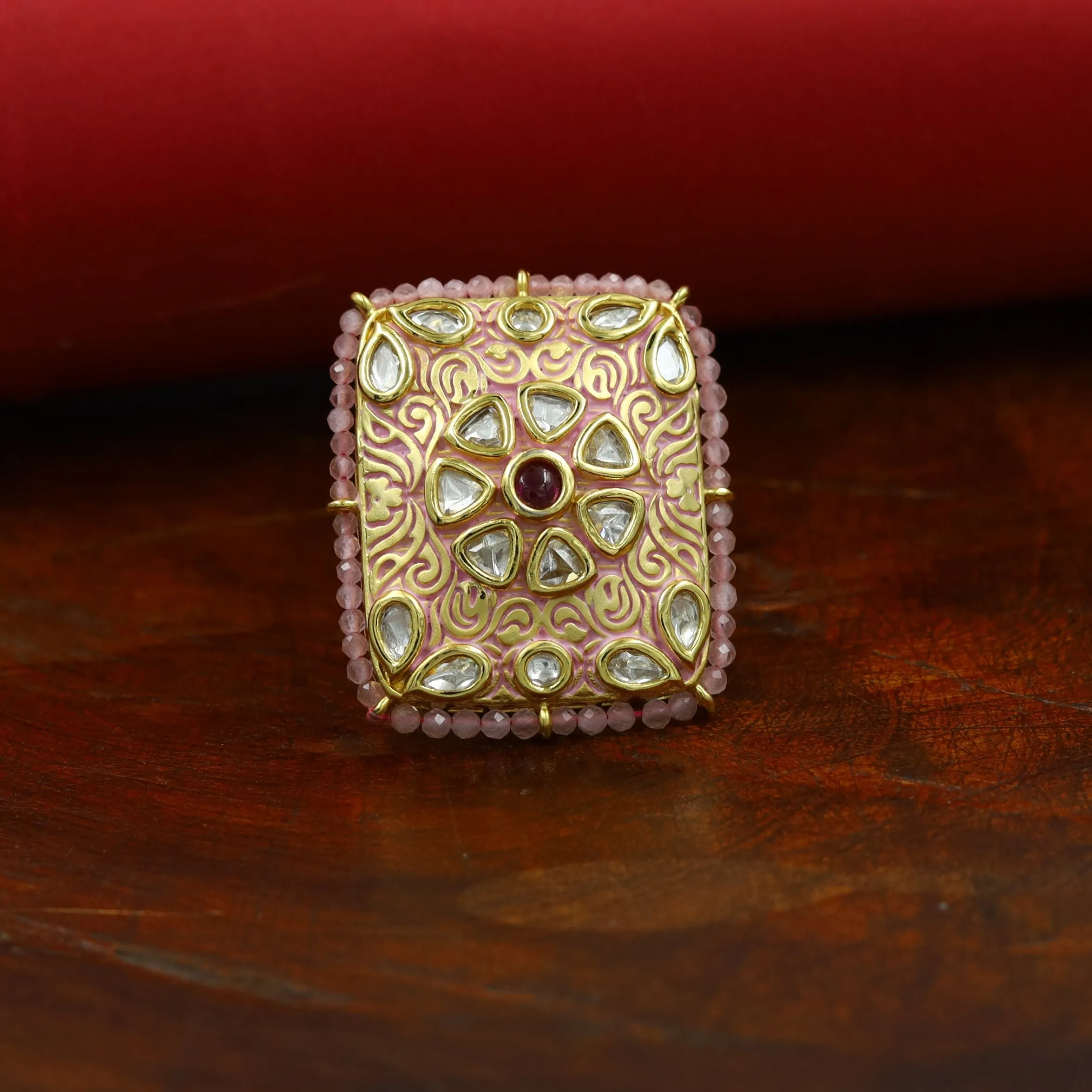 Kundan Meenakari Cocktail Adjustable Pink Ring  10784-6553