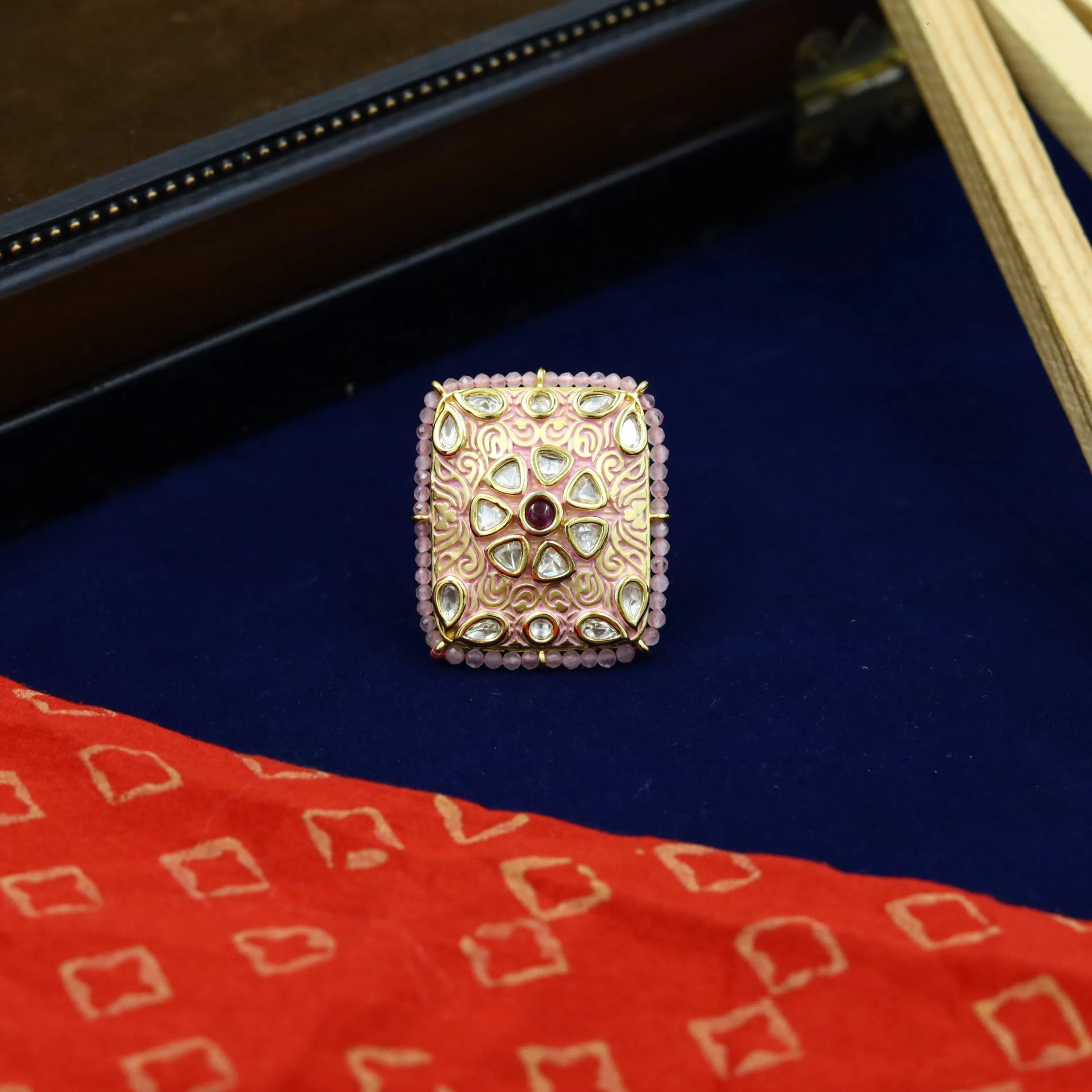 Kundan Meenakari Cocktail Adjustable Pink Ring  10784-6553