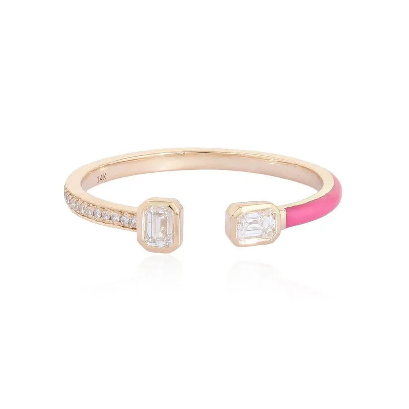 Stylish Pink Enamel Open Diamond Ring