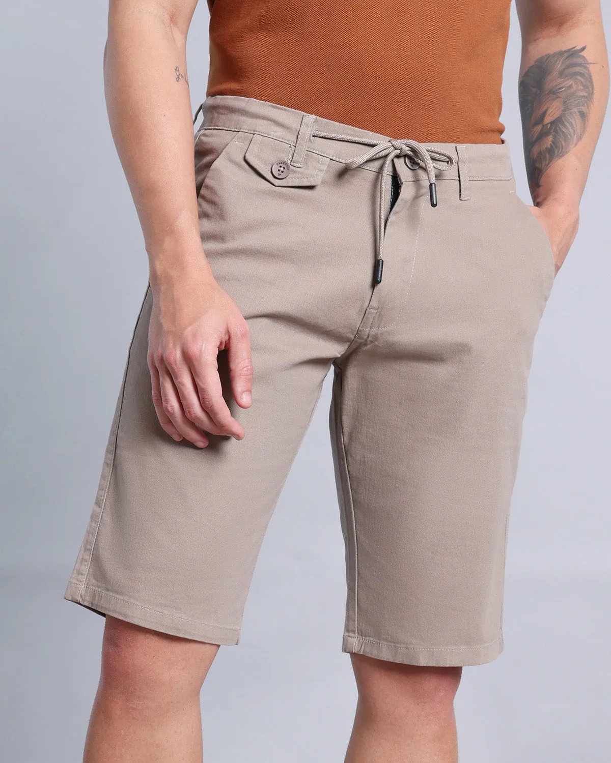 Stylish Smokey Taupe Stretch Cotton Shorts