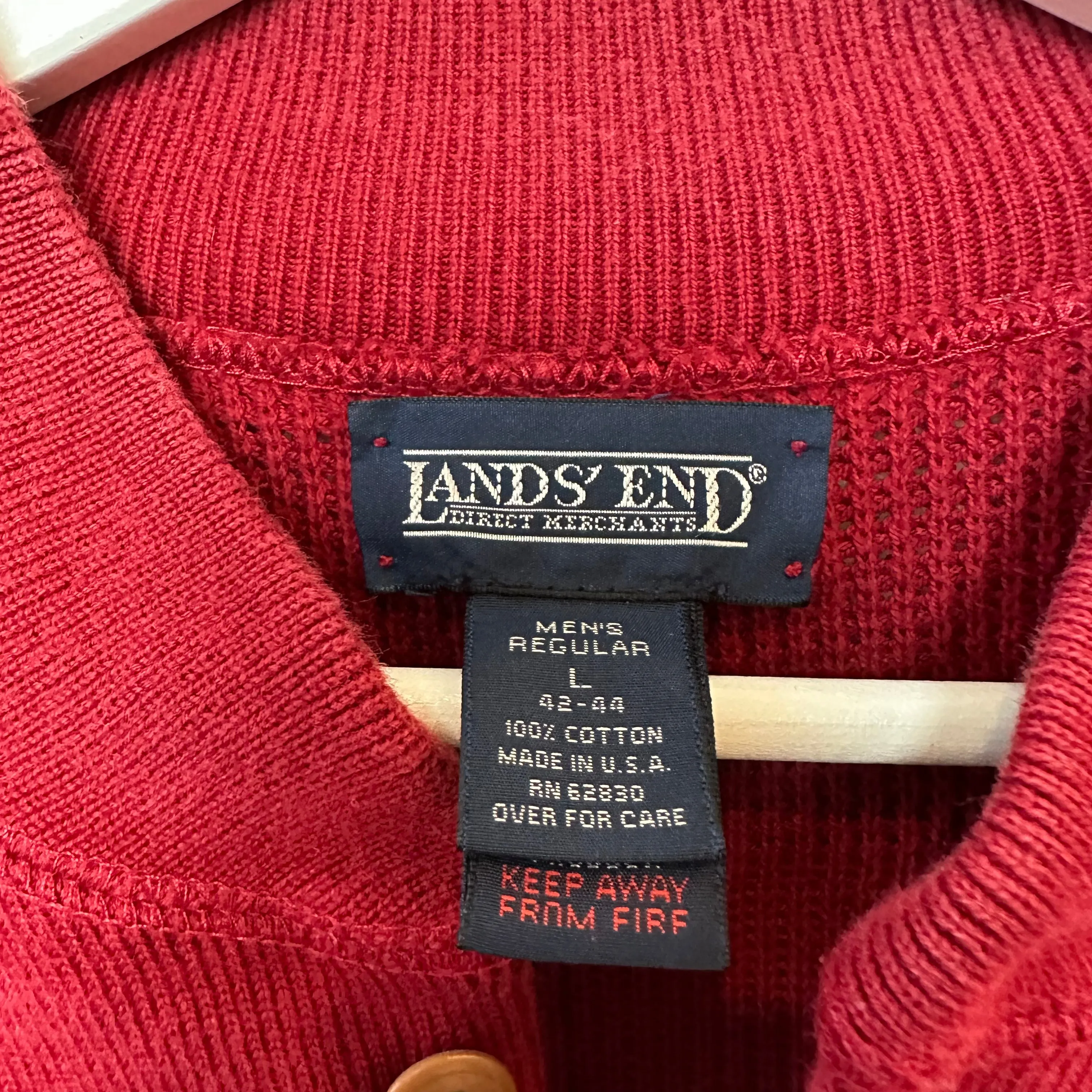 Vintage 90s Land's End Red Henley Sweater Knit Pullover Grandpa Cotton Large