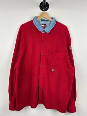 Vintage 90s Tommy Hilfiger Button Up Fleece & Denim Red Sweater