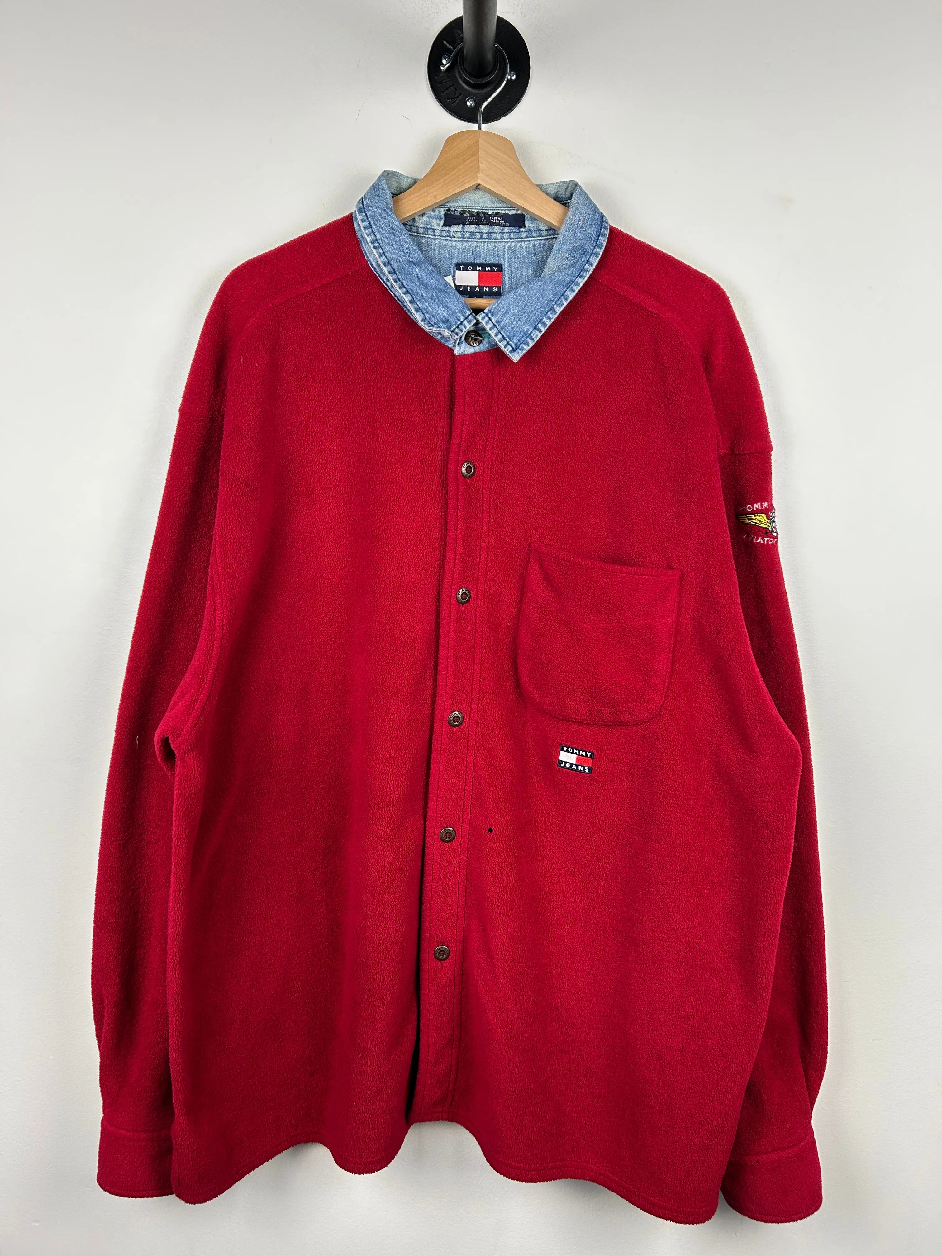 Vintage 90s Tommy Hilfiger Button Up Fleece & Denim Red Sweater