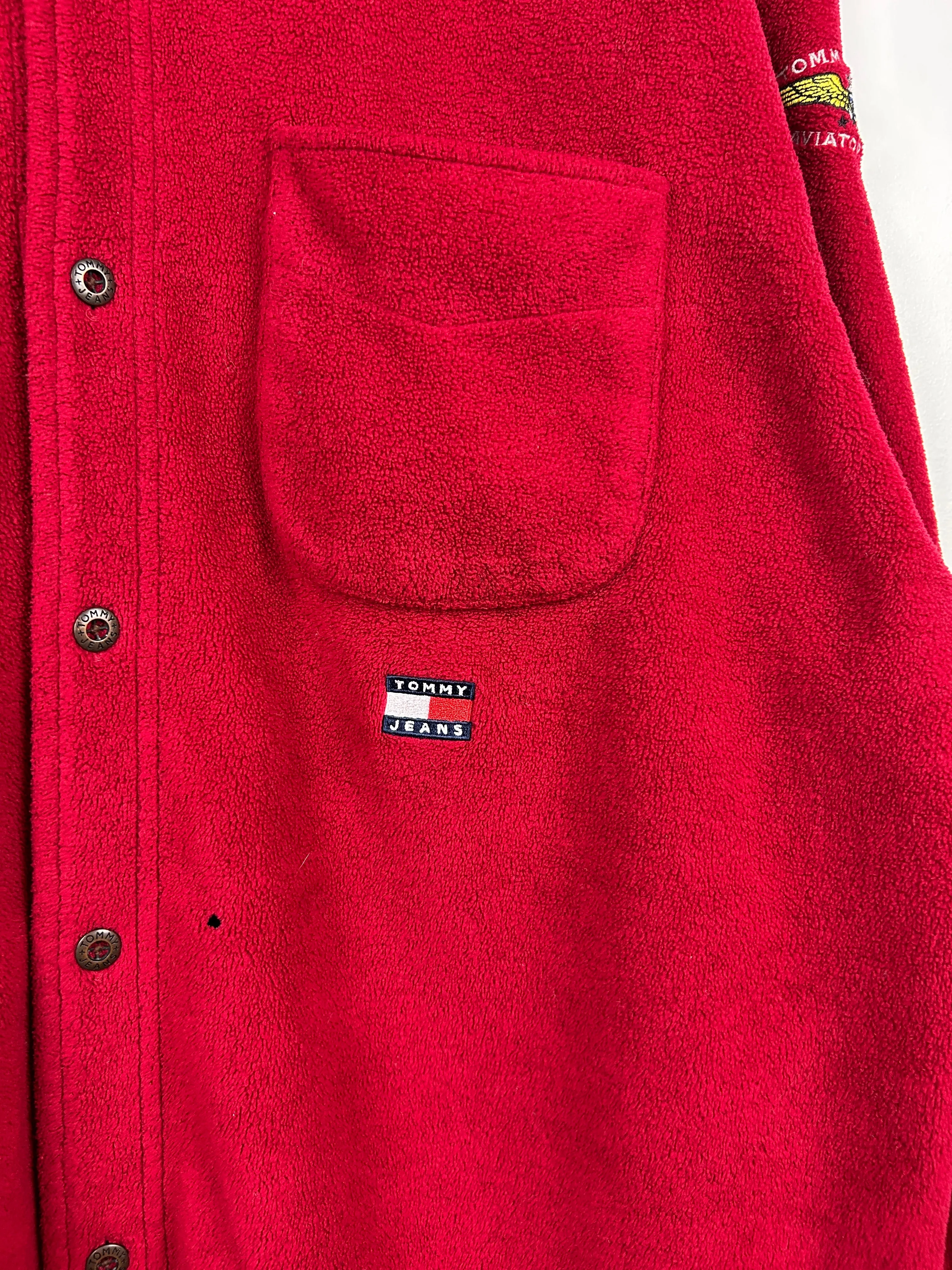 Vintage 90s Tommy Hilfiger Button Up Fleece & Denim Red Sweater