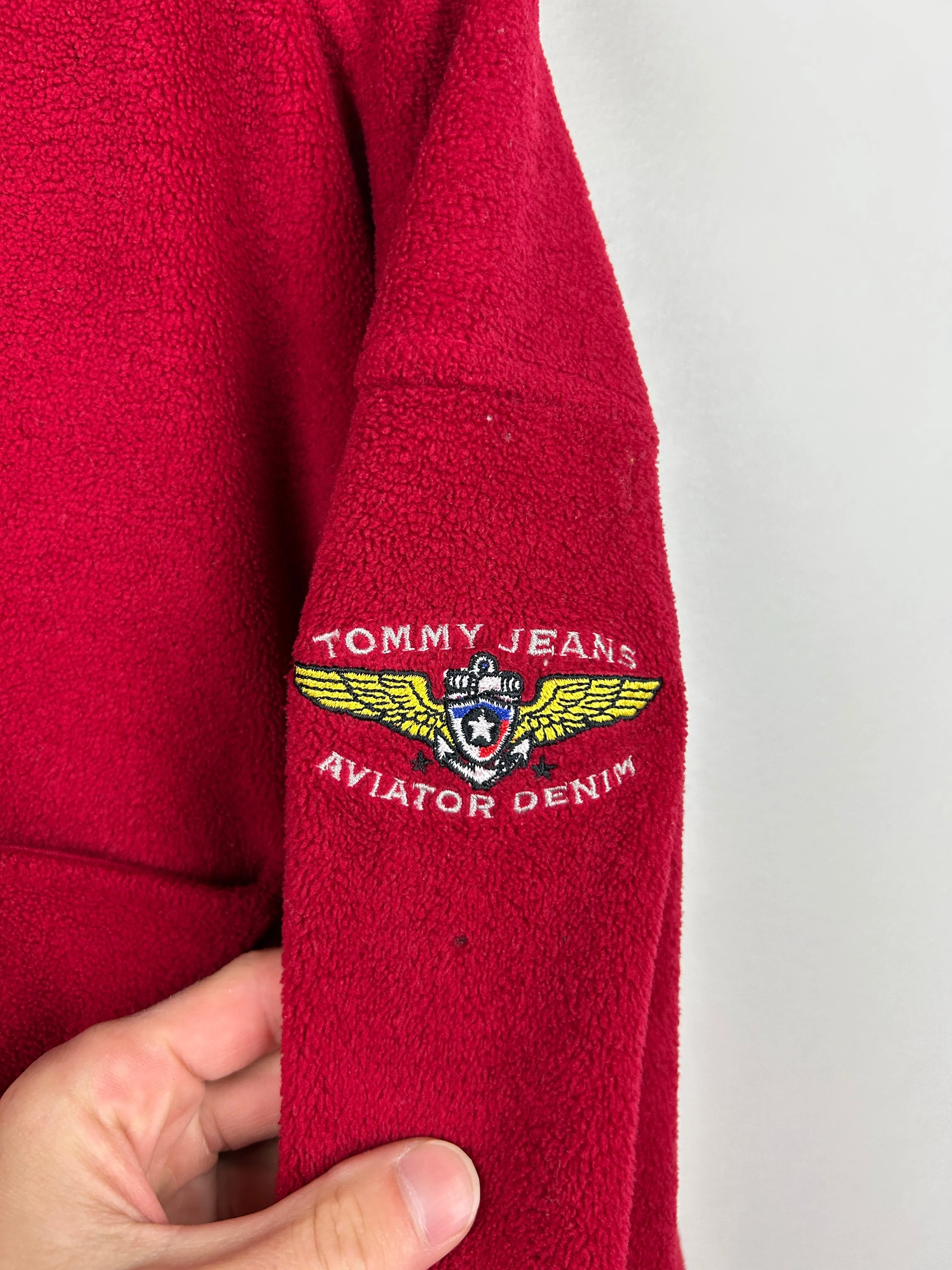 Vintage 90s Tommy Hilfiger Button Up Fleece & Denim Red Sweater